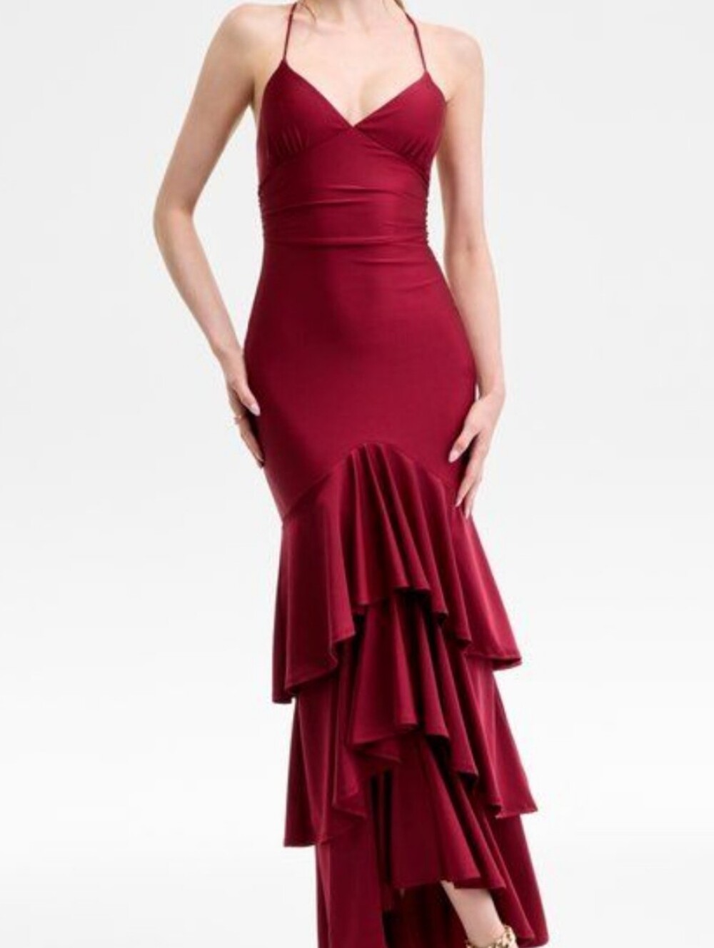 Katia Rae brand Burgundy High-Low Ruffle maxi Dress size M new with tags
